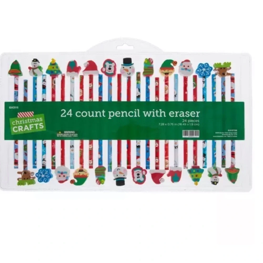 Festive Pencils & Eraser Topper Set NEW Christmas 24 Pack Classroom Gift Supply